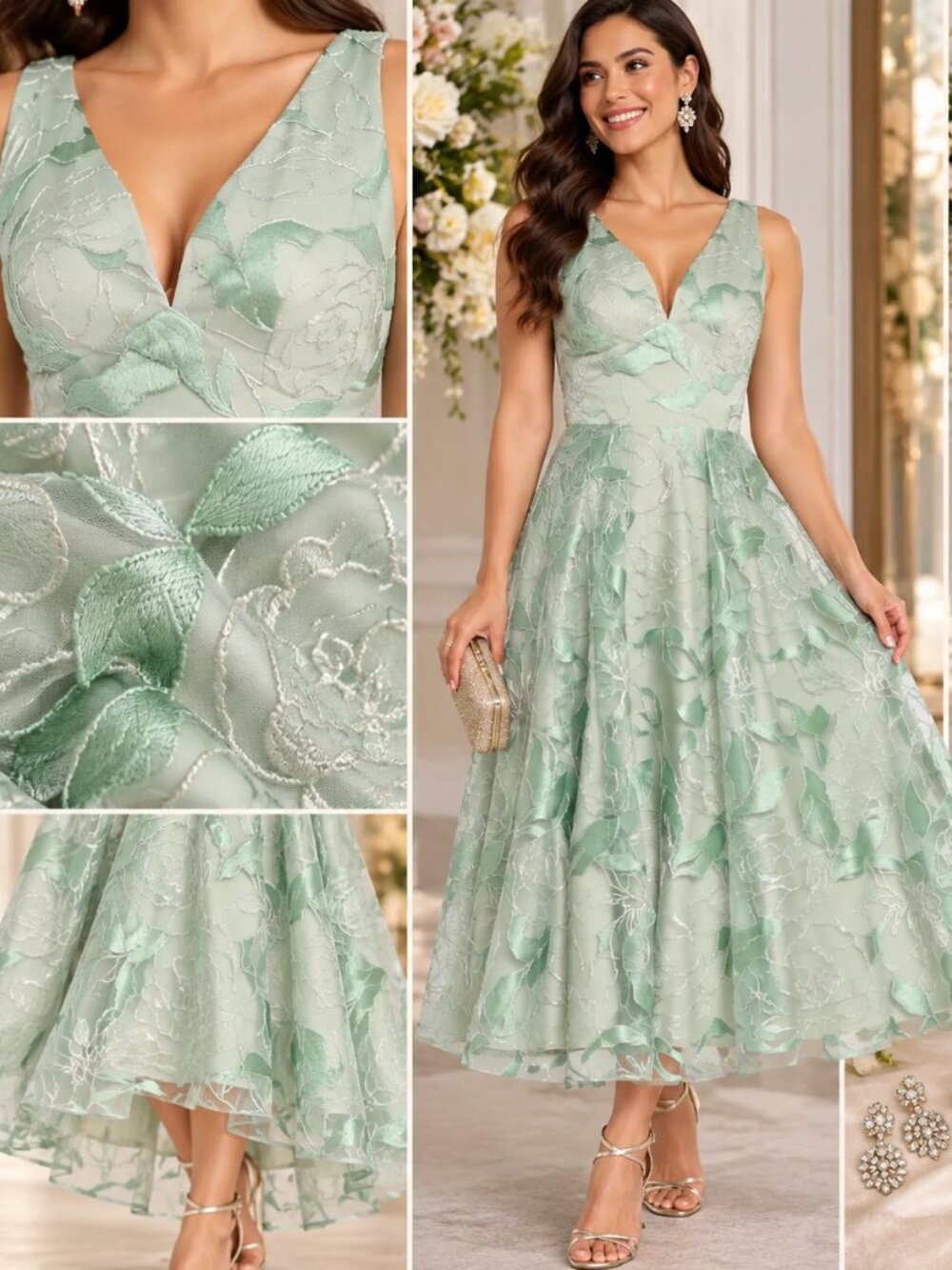 Adrianna Papell Mint Floral High Low Midi Formal Dress 12 NWT